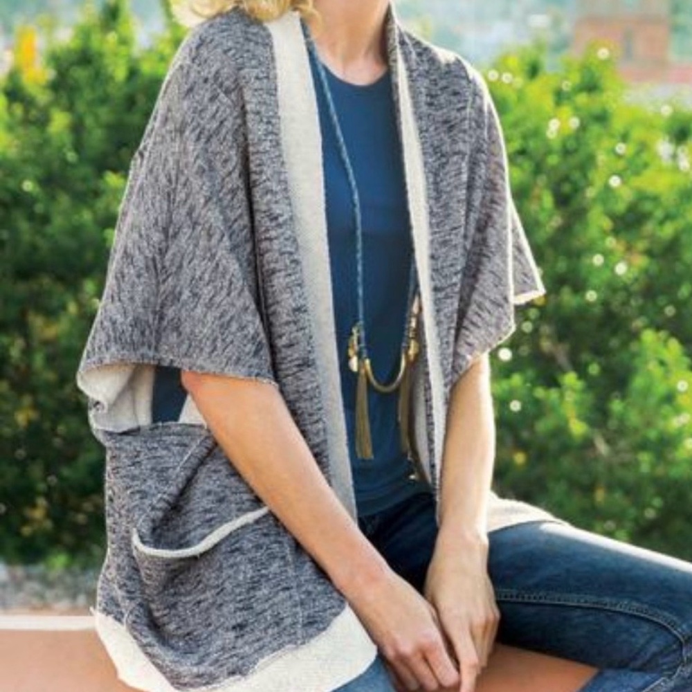 Soft Surroundings Blue Gray White Open-Front Cardigan Large X-Large Lagenlook